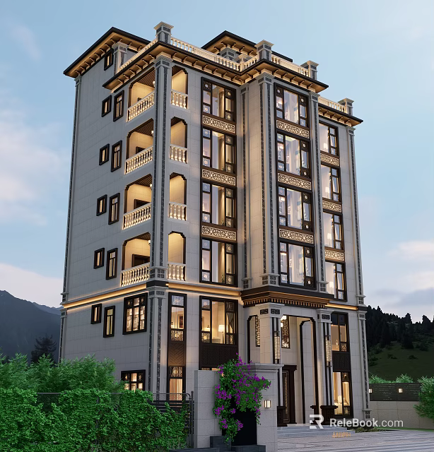 Elegant Multi Story Detached Villa With Balconies Windows Mountain Views And Greenery 3d model 