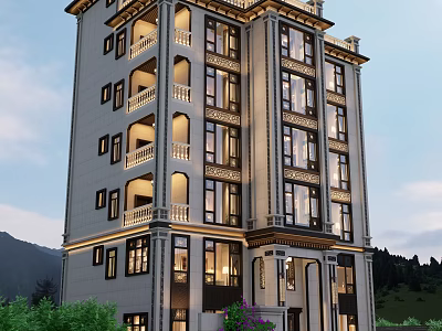 Elegant Multi Story Detached Villa With Balconies Windows Mountain Views And Greenery 3d model