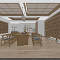 Traditional Store Interior With Wooden Ceiling Shelves Table Chairs And Outdoor Green Red Leaf Trees