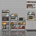 Organized Kitchenware Storage with Metal Shelves Microwaves Pots Bowls and Spices