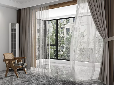 Modern Interior With Gray Curtains And Sheer Panels By Window With Tree View 3d model
