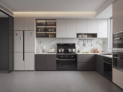 Modern Kitchen Interior Design With White Dark Cabinets Refrigerator Oven And Countertop 3d model
