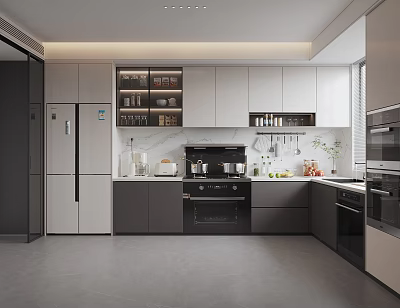 Modern Kitchen Interior Design With White Dark Cabinets Refrigerator Oven And Countertop 3d model