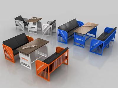 Public Chairs in Orange Blue Black White Modern Design with Tables for Outdoor Public Spaces 3d model