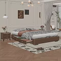 Elegant Bedroom Interior with Brown Leather Bed Storage Drawers Nightstand Vase Flowers and Decorative Paintings