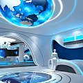 Modern Tech Exhibition Hall With Sleek Curved Design Large Screen And Starry Sky Ceiling