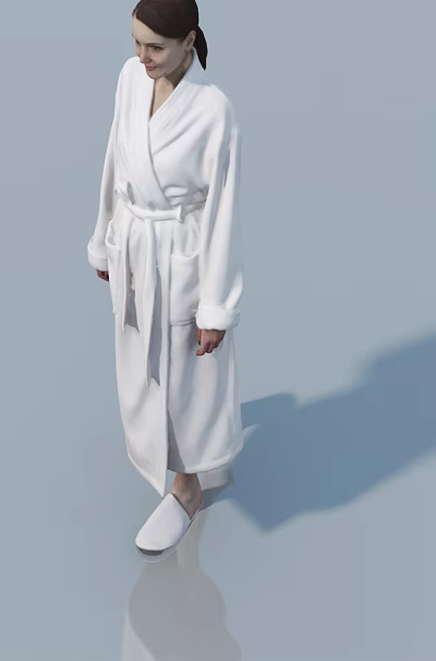 A Woman In Soft White Bathrobe Standing Against Light Blue Background 3d model