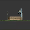 Wooden Garden Bridge Landscape Design With Green Grass Gravel Ground And Small Blue Fountain