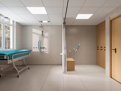 Nursing Care Bathroom Suite Featuring Shower Trolley Seat And Storage Cabinets In White Tiles 3d model