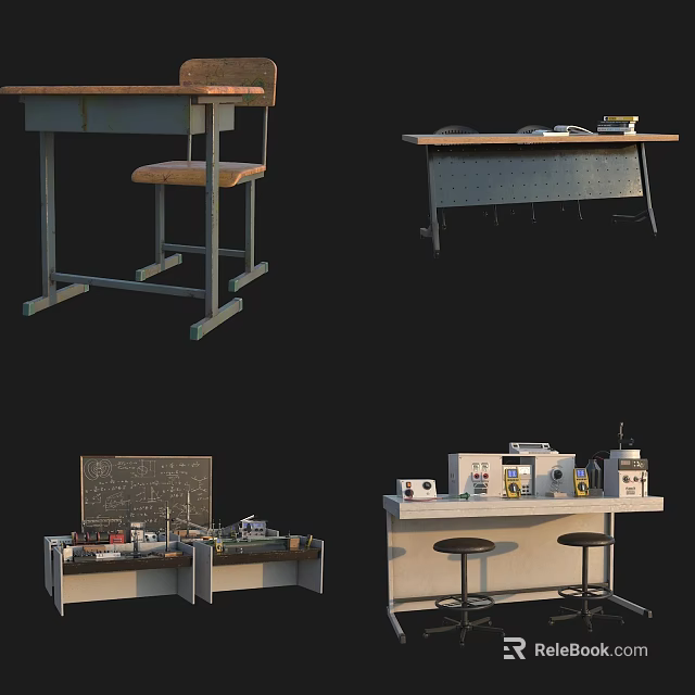 Essential Laboratory Workspace With Workbenches Scientific Equipment Blackboard And Stools 3d model 
