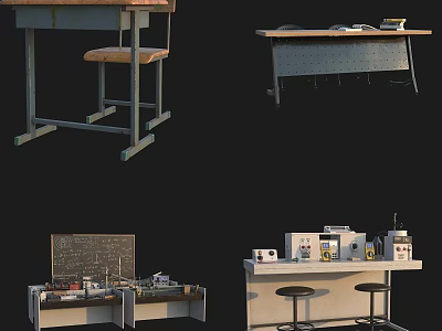 Essential Laboratory Workspace With Workbenches Scientific Equipment Blackboard And Stools 3d model