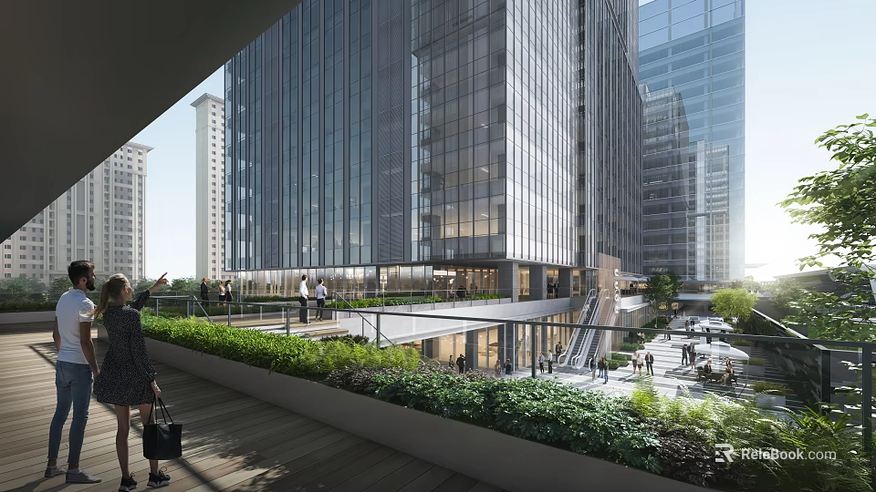 Modern High Rise Office Building with Glass Curtain Walls Rooftop Garden Greenery and Pedestrians 3d model 