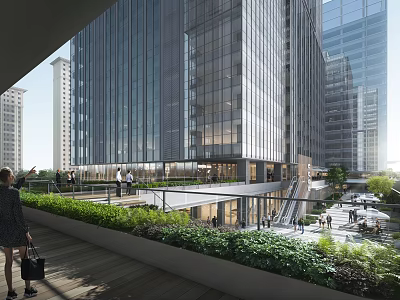 Modern High Rise Office Building with Glass Curtain Walls Rooftop Garden Greenery and Pedestrians 3d model