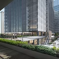 Modern High Rise Office Building with Glass Curtain Walls Rooftop Garden Greenery and Pedestrians