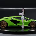 Green Lamborghini Sports Car with Female Model Holding Pink Ball on Black Circular Display Platform