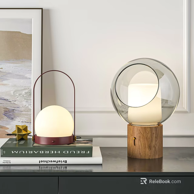 Contemporary Table Lamps With Red Metal Frame White Spherical Shade And Transparent Glass Wooden Base 3d model 