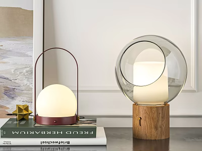 Contemporary Table Lamps With Red Metal Frame White Spherical Shade And Transparent Glass Wooden Base 3d model