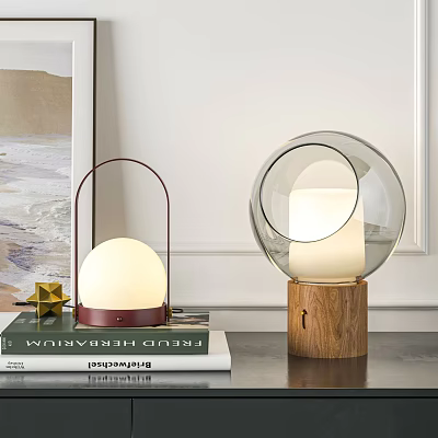 Contemporary Table Lamps With Red Metal Frame White Spherical Shade And Transparent Glass Wooden Base 3d model