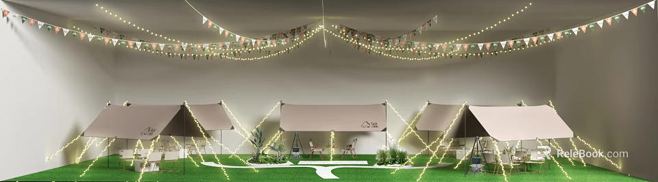 Outdoor Green Lawn Setup With Tents String Lights Bunting Flags And Chairs 3d model 
