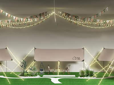 Outdoor Green Lawn Setup With Tents String Lights Bunting Flags And Chairs 3d model