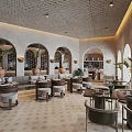 Elegant Restaurant Interior With Arched Doorways Palm Plants Light Tile Flooring And Banquette Seating