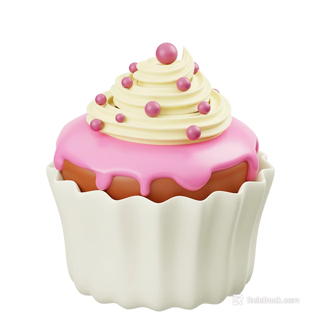 Sweet Cupcake With Pink Frosting White Cream Swirl And Pink Sprinkles In White Cupcake Liner 3d model 