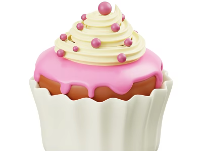 Sweet Cupcake With Pink Frosting White Cream Swirl And Pink Sprinkles In White Cupcake Liner 3d model