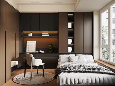 Modern Bedroom Interior With Dark Cabinets Desk White Chair And Window 3d model