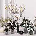Modern Minimalist Vases With Yellow Branches White Flowers And Green Leaves
