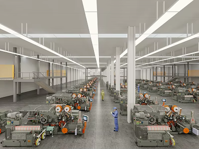 Industrial Factory Workshop Interior View With Multiple Machinery Equipment And Worker 3d model