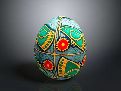 Decorative Hand Painted Egg With Blue Green Base Yellow Fish Motifs And Red Flowers 3d model