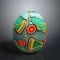 Decorative Hand Painted Egg With Blue Green Base Yellow Fish Motifs And Red Flowers