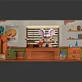 Cartoon Room Scene with Bunny at Desk Paper Globe Cabinet and Red Rug
