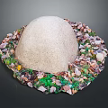 Natural Stone and Wood Decorative Structure with Surrounding Shells and Colored Fragments