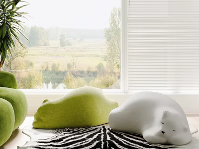 Green White Bear Shaped Bean Bag Chairs By Window With Scenic View And Zebra Rug 3d model