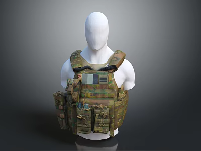 Camouflage Tactical Vest with Multiple Pockets and Military Gear on White Mannequin 3d model