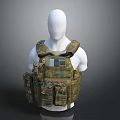 Camouflage Tactical Vest with Multiple Pockets and Military Gear on White Mannequin
