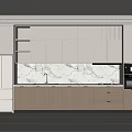 Modern Kitchen Interior With Marble Countertop White Upper Cabinets Wooden Lower Cabinets Refrigerator And Oven