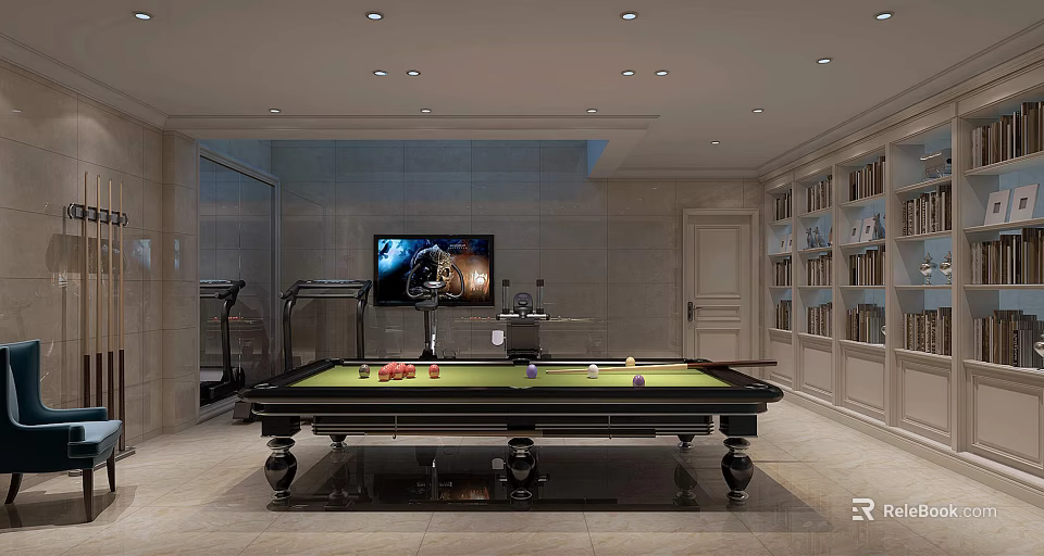 Modern Billiard Room Interior With Green Felt Table Ceiling Lights TV And Wooden Bookshelves 3d model 