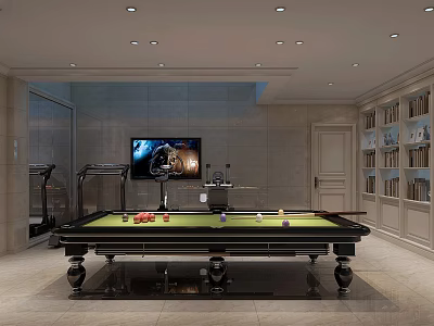 Modern Billiard Room Interior With Green Felt Table Ceiling Lights TV And Wooden Bookshelves 3d model