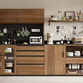 Modern Wooden Sideboard With Drawers Cabinets Open Shelves Kitchen Dishes Microwave Decorative Items Potted Plant