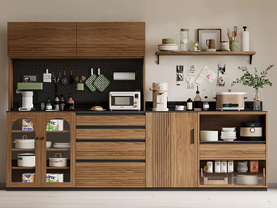 Modern Wooden Sideboard With Drawers Cabinets Open Shelves Kitchen Dishes Microwave Decorative Items Potted Plant 3d model