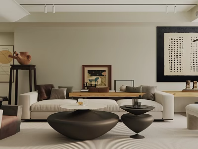Modern Living Room Interior With Beige Sofa Round Coffee Table And Decorative Wall Artwork 3d model