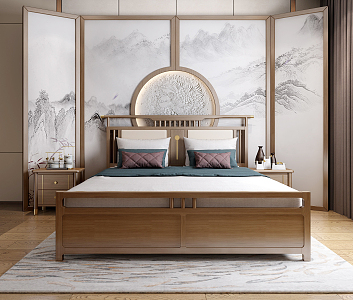 New Chinese background double bed 3d model