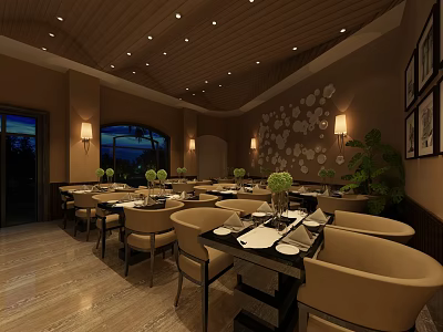 Elegant Warm Restaurant Interior With Wooden Ceiling Dining Tables Decorative Wall And Potted Plants 3d model