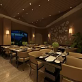 Elegant Warm Restaurant Interior With Wooden Ceiling Dining Tables Decorative Wall And Potted Plants