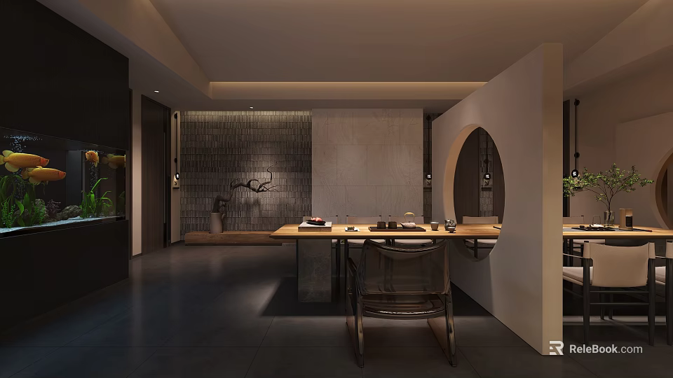 Modern Leisure Area Interior With Wooden Table Chairs And Decorative Wall 3d model 