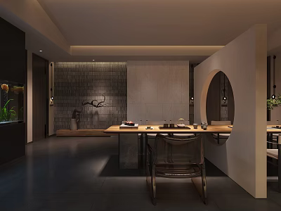 Modern Leisure Area Interior With Wooden Table Chairs And Decorative Wall 3d model