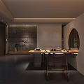 Modern Leisure Area Interior With Wooden Table Chairs And Decorative Wall