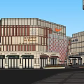 Modern Commercial Street With Multi story Buildings Shops Restaurants And Outdoor Seating